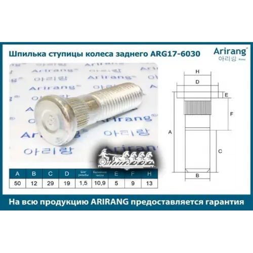 Шпилька Колесная Hyundai/Kia Accent/Elantra/Sonata/Ceed/Cerato 06- Задн. Arirang 